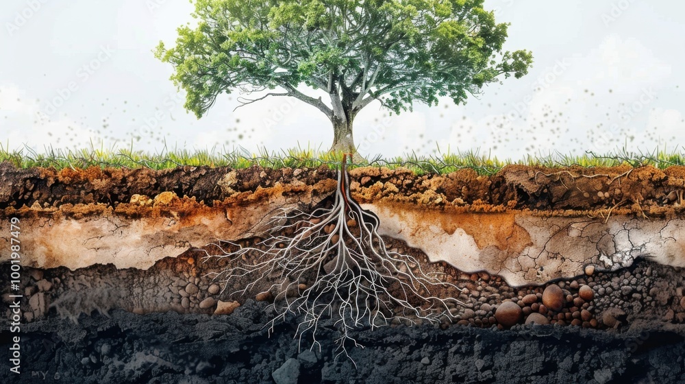 Poster tree and roots in split soil layer illustration