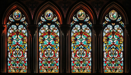A vibrant stained glass design with intricate patterns and rich colors, resembling classic church or cathedral windows