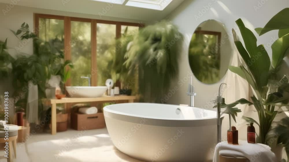 Aufkleber sunlight streaming through a large window illuminates a modern bathroom featuring a freestanding soa