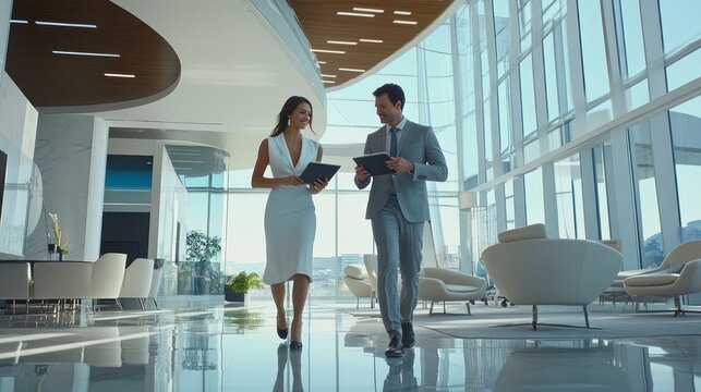 A business man and woman walk down a modern office hallway, discussing work. - Powered by Adobe