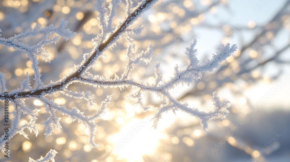 Poster close-up of a frost-covered tree branch with the sun shining through in the background.