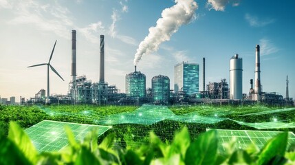 Obraz premium Next-Gen Eco-Friendly Manufacturing: Green Innovation in Sustainable, Renewable Energy-Powered Smart Factory Design