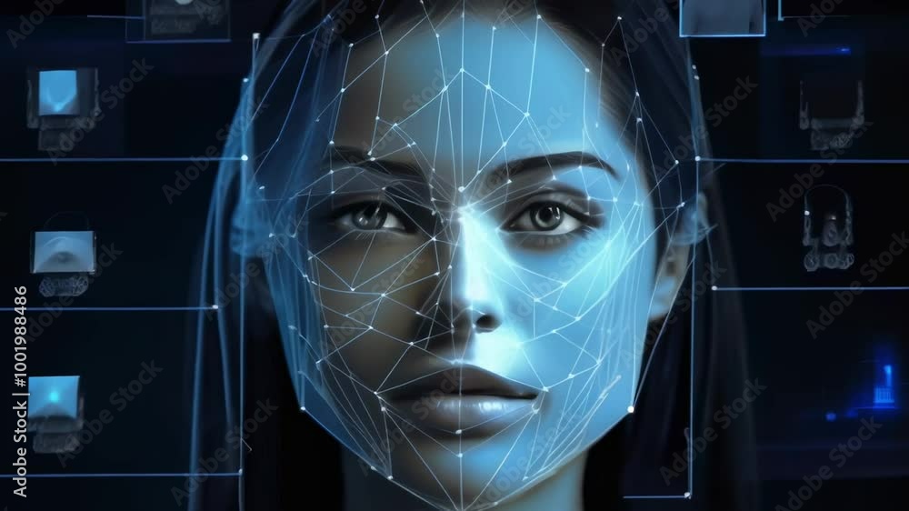 Aufkleber woman is getting her face scanned by biometrical authentication technology, showing a futuristic con