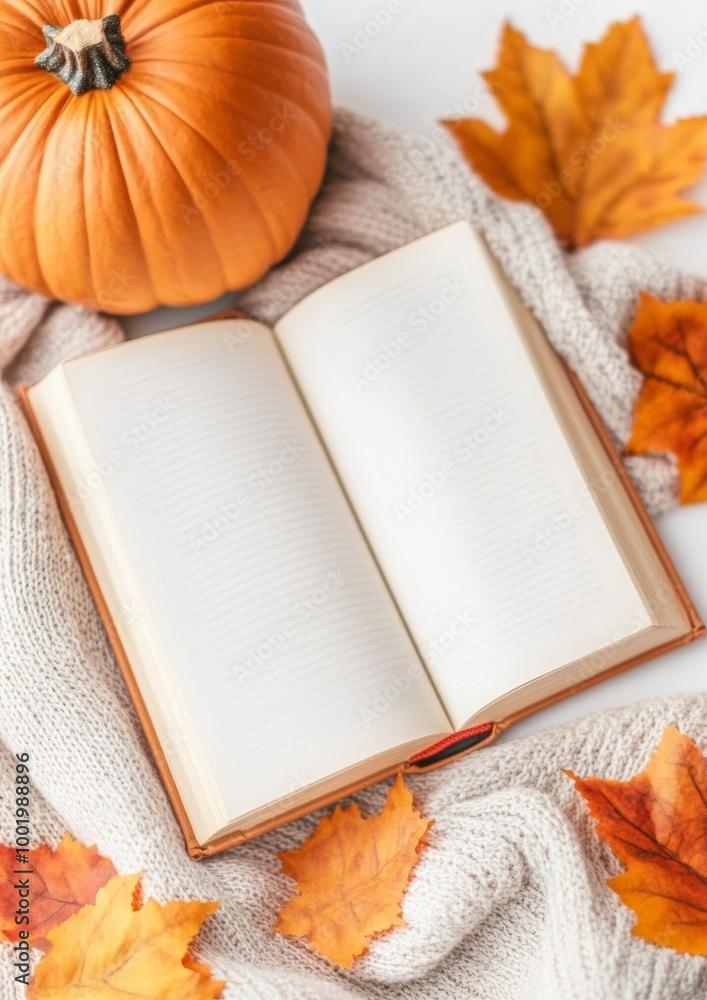 Poster minimalist autumn pumpkin table with open book surrounded by cozy fall leaves on white background