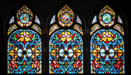 Fototapeta premium A vibrant stained glass design with intricate patterns and rich colors, resembling classic church or cathedral windows