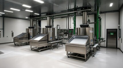 A clean and modern industrial space with three large stainless steel tanks and processing equipment, connected by pipes.