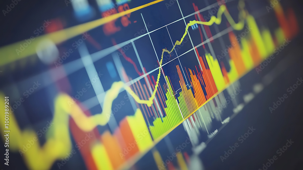 Poster upward trend: a vibrant and abstract close-up of a computer screen displaying a colorful and dynamic
