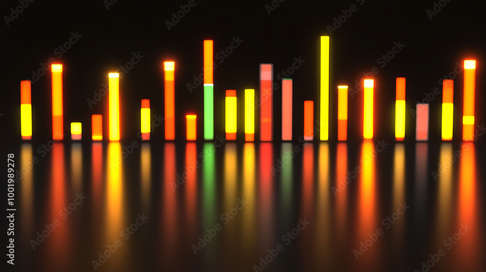 Poster neon equalizer: abstract vibrant audio spectrum display with glowing colorful bars reflecting on a d