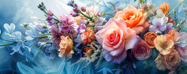 dreamy rose flower bouquet, in a soft style, very close up, wedding invitation, romantic card design element, high resolution