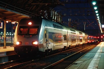 Fototapeta premium Night view of modern train at a station platform with lights. Transportation and travel concept for design and print.
