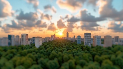 Fototapeta premium Cityscape Sunset with Lush Green Trees and Cloudy Sky
