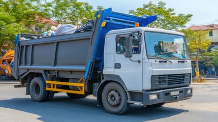 A white garbage truck with a blue and gray body is driving on a paved road. The truck is full of garbage bags. The truck is in the middle of the frame.