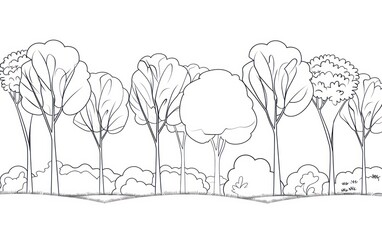 Outline drawing of trees in a row. Simple black and white illustration of forest for design and coloring pages.