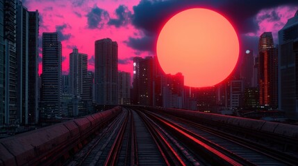 Fototapeta premium Futuristic Cityscape with Giant Red Sun and Train Tracks