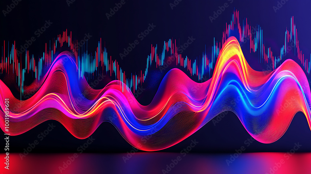 Poster dynamic data flow: abstract neon wave chart