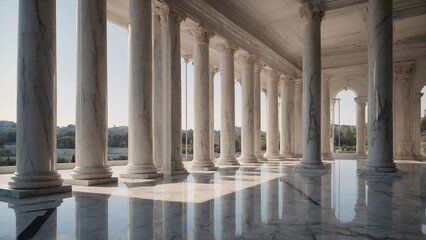 It features white marble columns and a classical design evoking a feeling of luxury and history.
