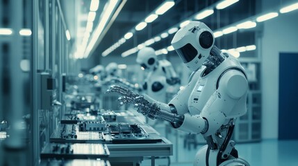 Fototapeta premium Precision Perfection: Industrial Robots in High-Volume Manufacturing Facility