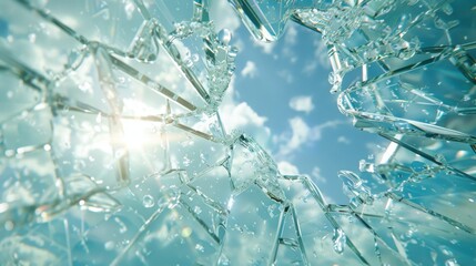 Shattered Glass with Water and Sky Background