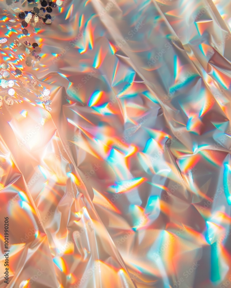 Poster Colorful Sparkling Sequin Background with Reflective Light and Crumpled Iridescent Texture