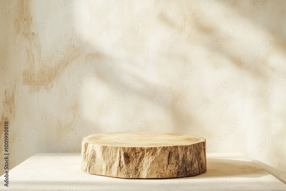 Poster minimalist mockup with textured wooden podium in soft golden light on warm beige gradient background