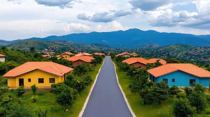 Fototapeta premium African Village Houses with Mountain View and Winding Road