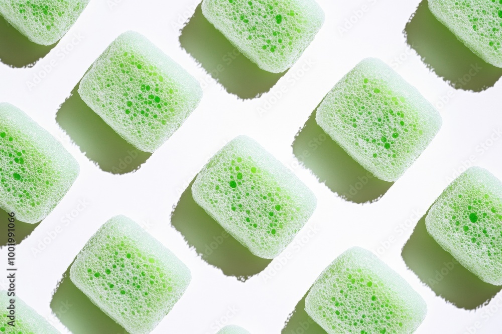 Poster Bright Monochromatic Pattern of Green Sponges on White Background with Soft Shadows Creating Depth and Clean, Crisp Mood