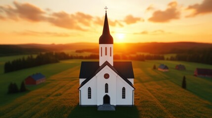 Naklejka premium Rural Church at Sunset with Golden Sky and Rolling Fields