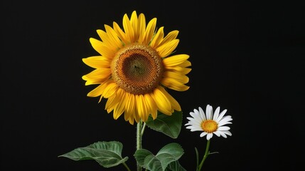 Fototapeta premium Bright Sunflower and White Daisy Against Black Background
