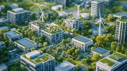Aerial view of a green cityscape with integrated wind turbines and solar panels on rooftops and open spaces