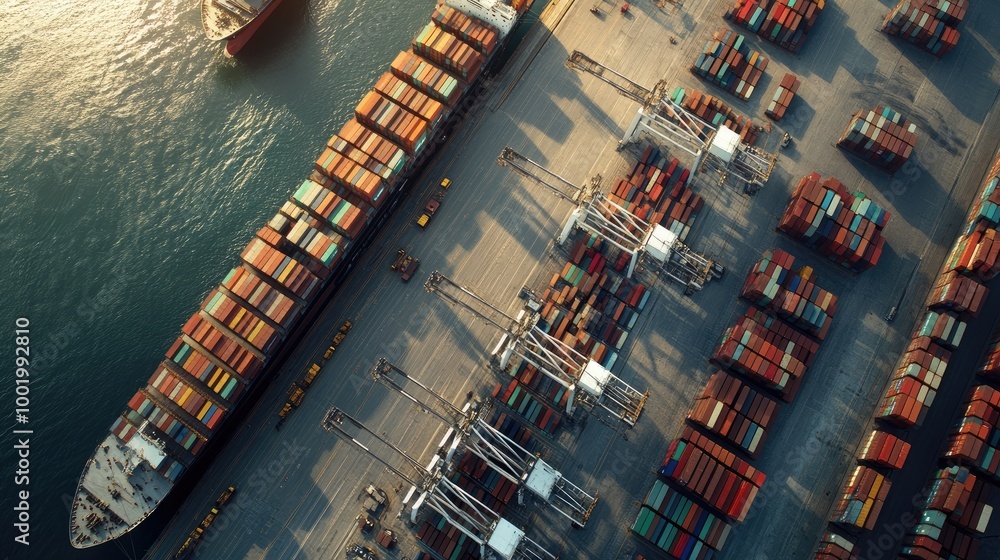 Poster aerial view of a large cargo terminal with containers being loaded and unloaded from various cargo s