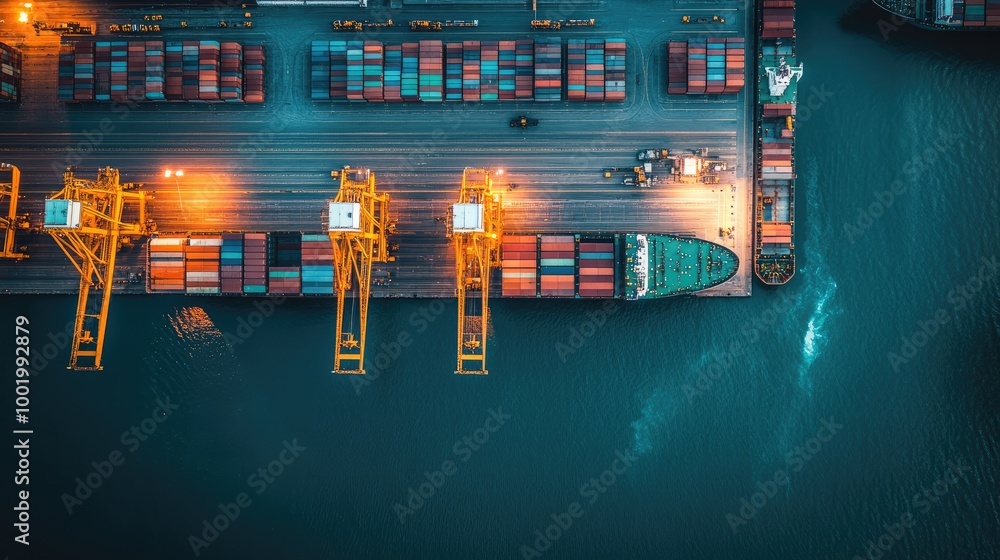 Poster aerial view of a large cargo terminal with containers being loaded and unloaded from various cargo s