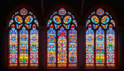 A vibrant stained glass design with intricate patterns and rich colors, resembling classic church or cathedral windows
