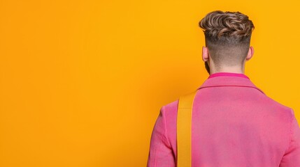 Obraz premium Man in Pink Jacket with Yellow Strap Turning Away on Yellow Background