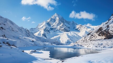 Obraz premium Snowy Mountain Landscape with Calm Lake Reflection