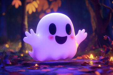 A cute white ghost with black eyes and mouth, smiling happily while floating in the air
