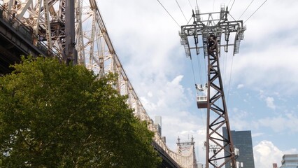 New York City Roosevelt Island tramway to Manhattan Midtown. American aerial cable tram near Queensboro Bridge. Urban public passenger transport, USA. Transportation and architecture in United States.