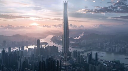 Naklejka premium Stunning Cityscape with Tower at Sunset