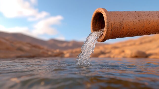 Water Flowing From Clay Pipe into Desert Lake