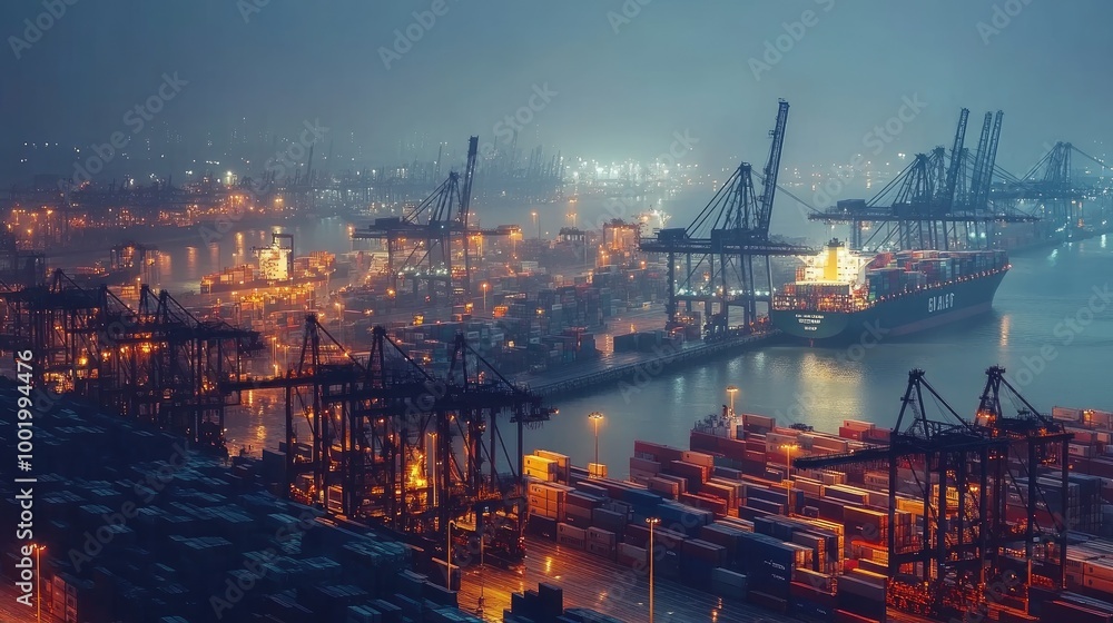 Poster busy port terminal with cranes loading and unloading cargo from container ships, highlighting global