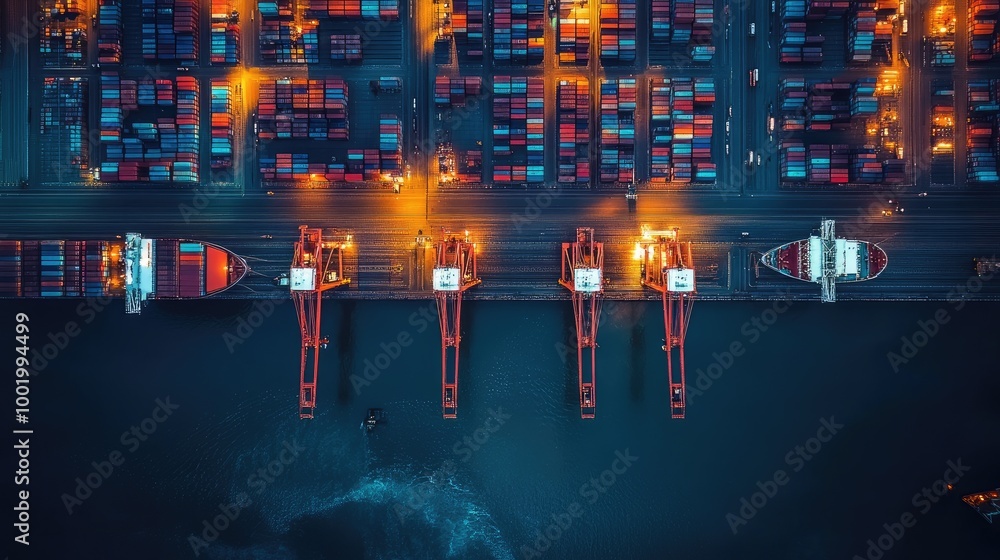 Poster busy port terminal with cranes loading and unloading cargo from container ships, highlighting global