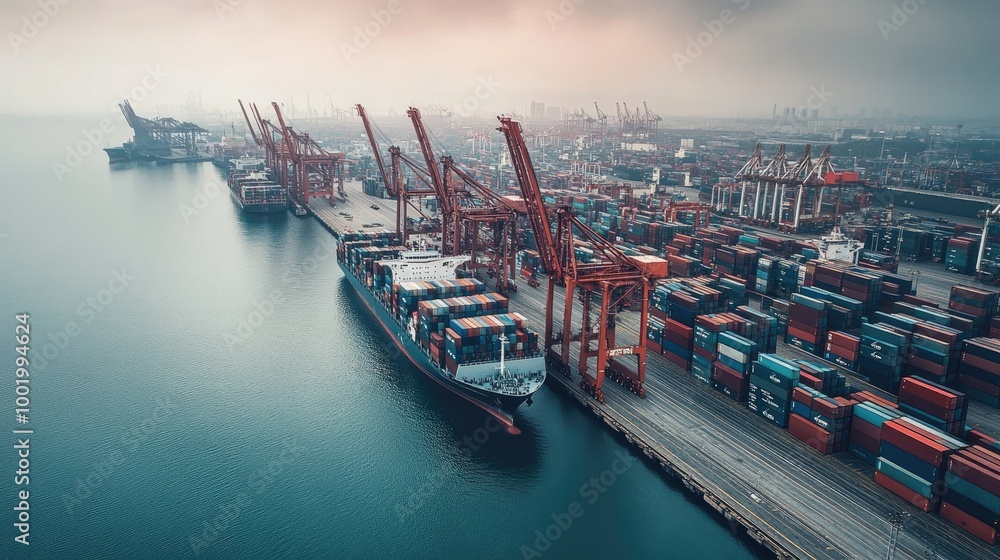 Poster busy port with container ships and cranes loading and unloading cargo, highlighting global logistics