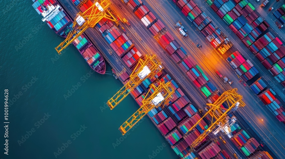 Poster busy port with container ships and cranes loading and unloading cargo, highlighting global logistics