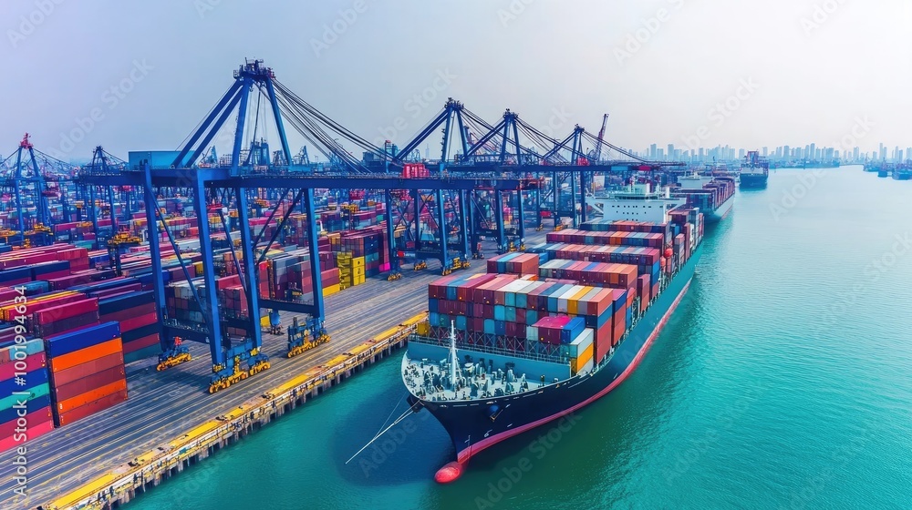 Poster busy port with container ships and cranes loading and unloading cargo, highlighting global logistics