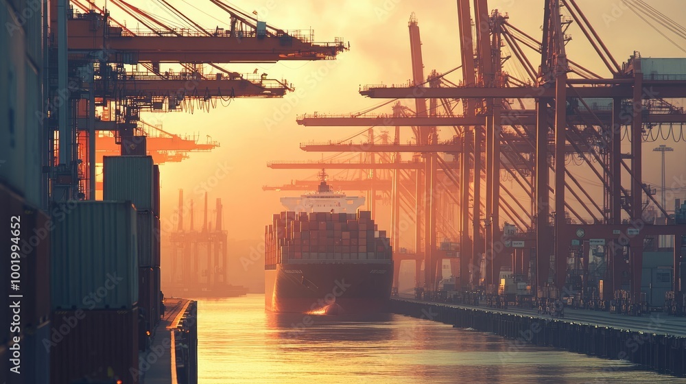 Poster busy port with cranes loading and unloading cargo containers from a large cargo ship, representing g