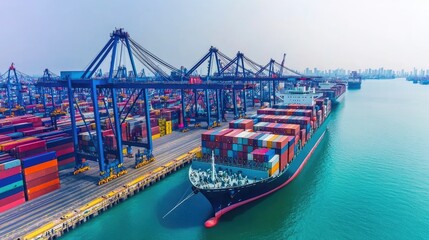 Busy port with container ships and cranes loading and unloading cargo, highlighting global logistics operations