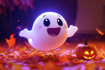 A cute, white ghost, a cartoon character, smiling and waving at the camera