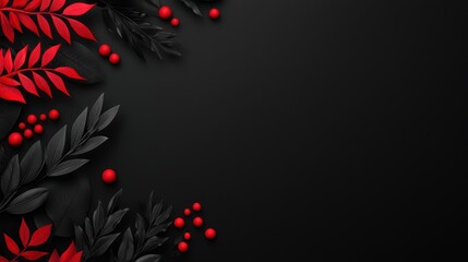 Elegant black background with red and black foliage accents