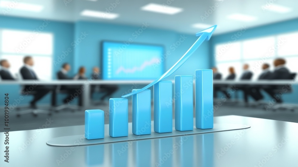 Poster a 3d bar graph representing business growth displayed during a conference in a modern office setting