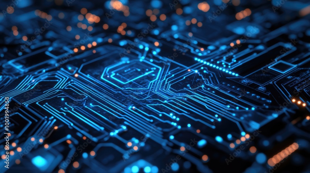 Poster circuit board design with nodes and connections, illustrating the intricate web of modern technology