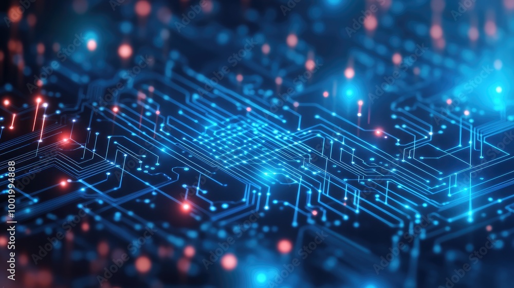 Poster circuit board design with nodes and connections, illustrating the intricate web of modern technology